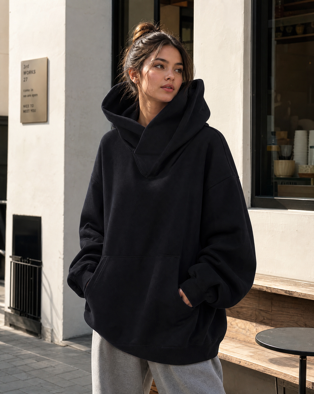 Naïra | Women's Oversized Turtleneck Skivvy Sweatshirt High Volume Hood Dropped Shoulders Cotton-Women's Hoodie-Black-M-