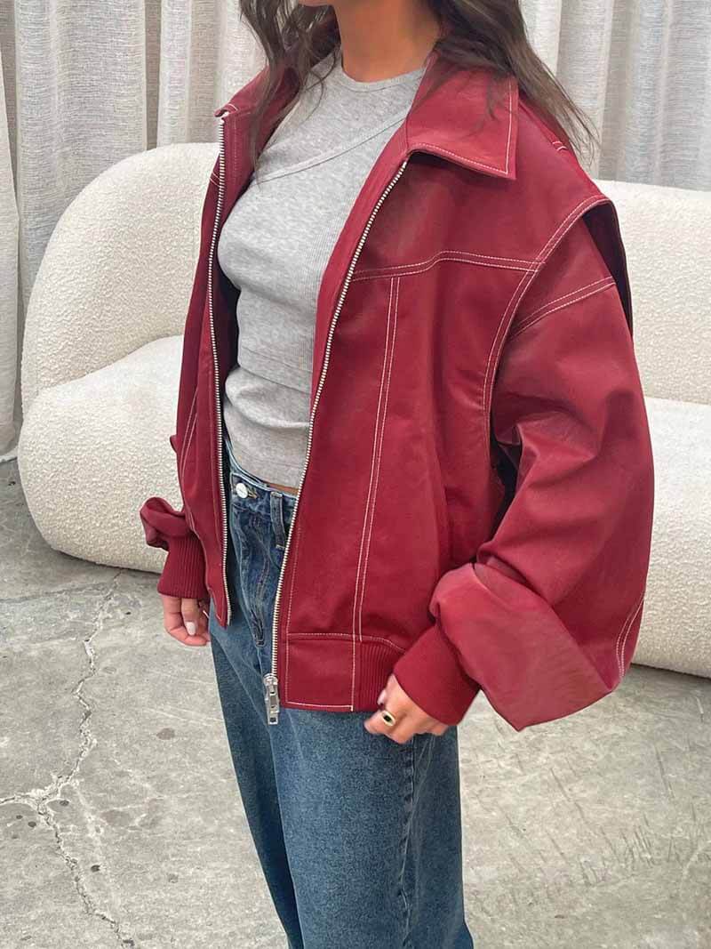 Zafira | Women's Oversized Zip Up Bomber Jacket with Collar Padded Streetwear Casual Coat-Women's Bomber Jacket-Red-S-