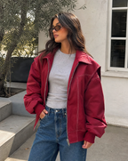Zafira | Women's Oversized Zip Up Bomber Jacket with Collar Padded Streetwear Casual Coat-Women's Bomber Jacket-Red-S-