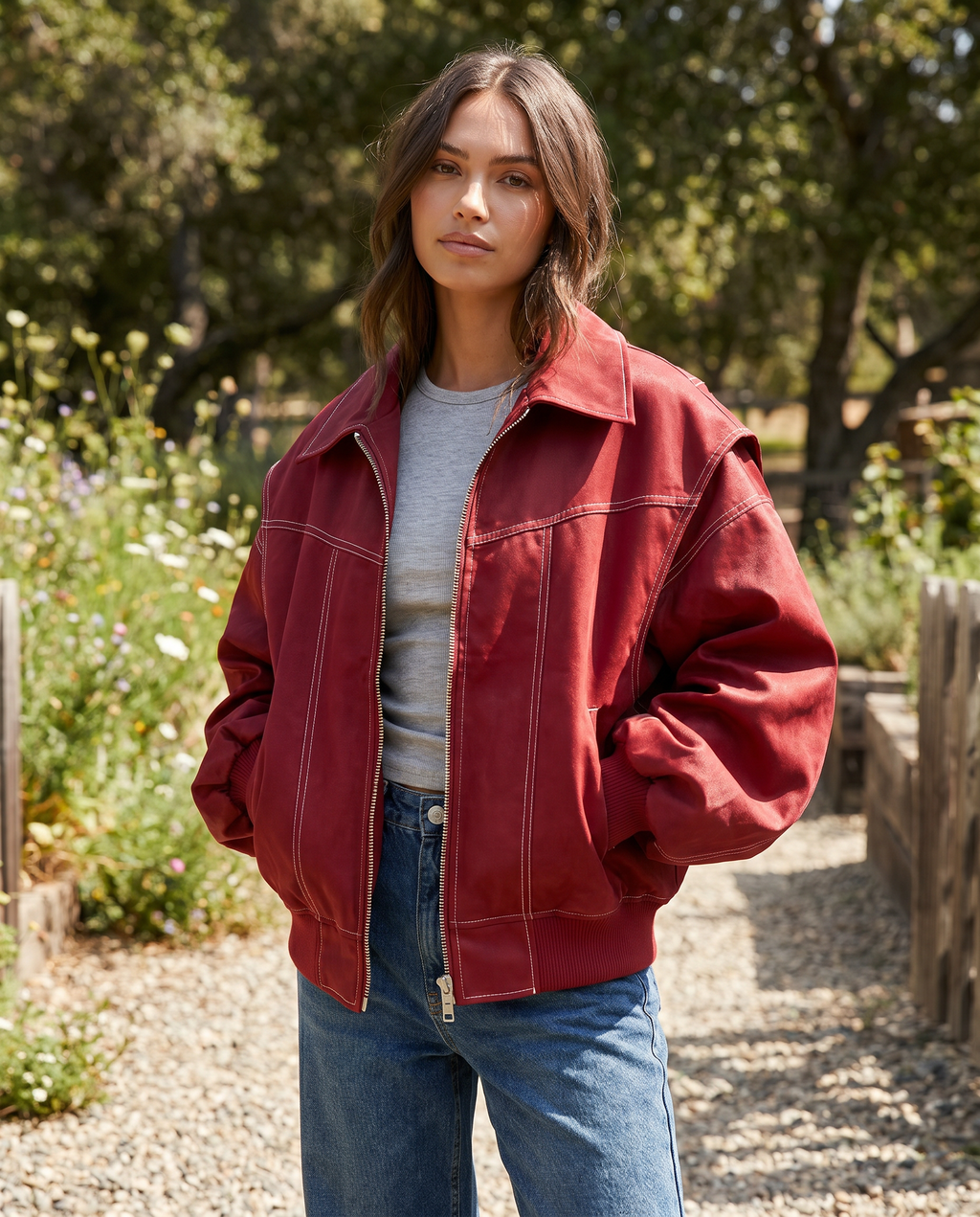 Zafira | Women's Oversized Zip Up Bomber Jacket with Collar Padded Streetwear Casual Coat-Women's Bomber Jacket-Red-S-