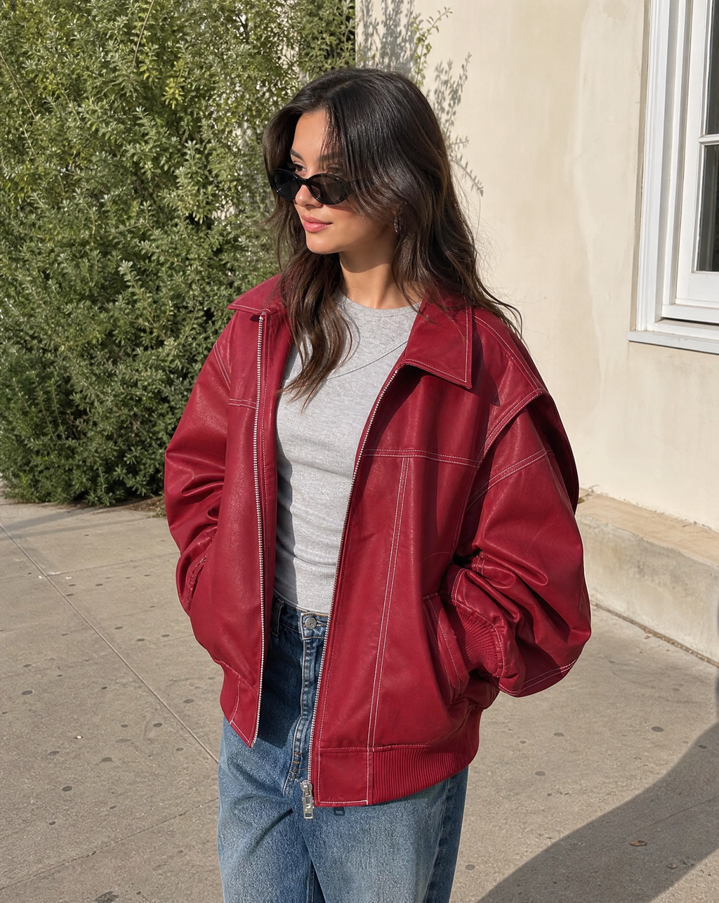 Zafira | Women's Oversized Zip Up Bomber Jacket with Collar Padded Streetwear Casual Coat-Women's Bomber Jacket-Red-S-
