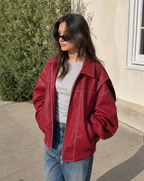 Zafira | Women's Oversized Zip Up Bomber Jacket with Collar Padded Streetwear Casual Coat-Women's Bomber Jacket-Red-S-