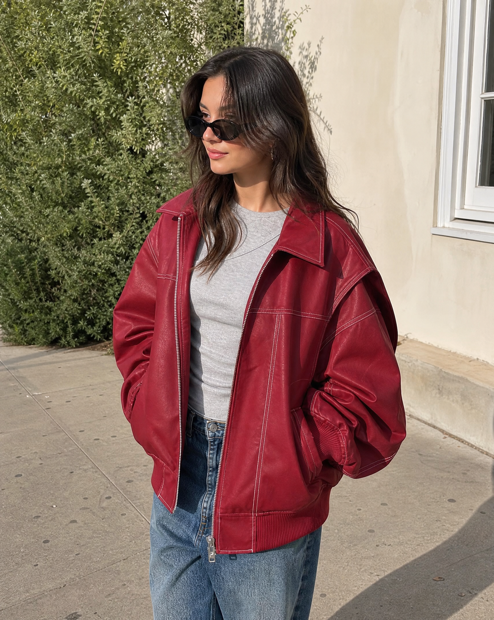 Zafira | Women's Oversized Zip Up Bomber Jacket with Collar Padded Streetwear Casual Coat-Women's Bomber Jacket-Red-S-