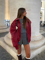 Zafira | Women's Oversized Zip Up Bomber Jacket with Collar Padded Streetwear Casual Coat-Women's Bomber Jacket-Red-S-