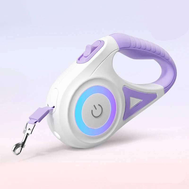 Purple and white light-up dog leash with built-in flashlight, LED glow ring and power button