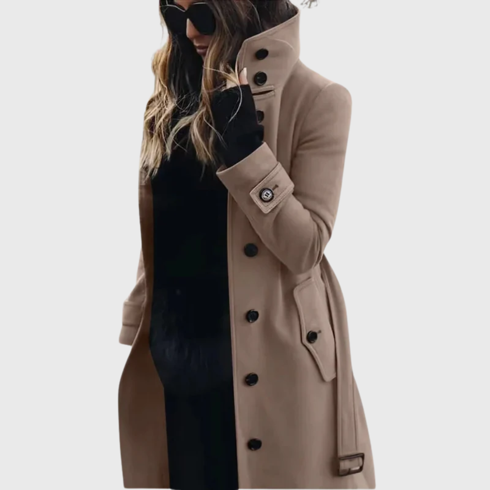 Umami | Women's High Stand Collar Coat - Button-Front Long Overcoat