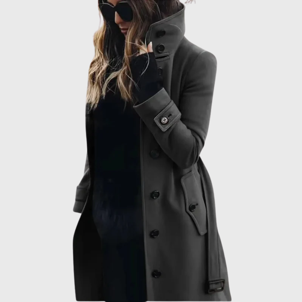 Umami | Women's High Stand Collar Coat - Button-Front Long Overcoat