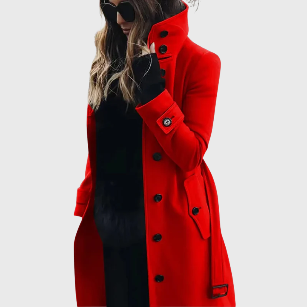 Umami | Women's High Stand Collar Coat - Button-Front Long Overcoat