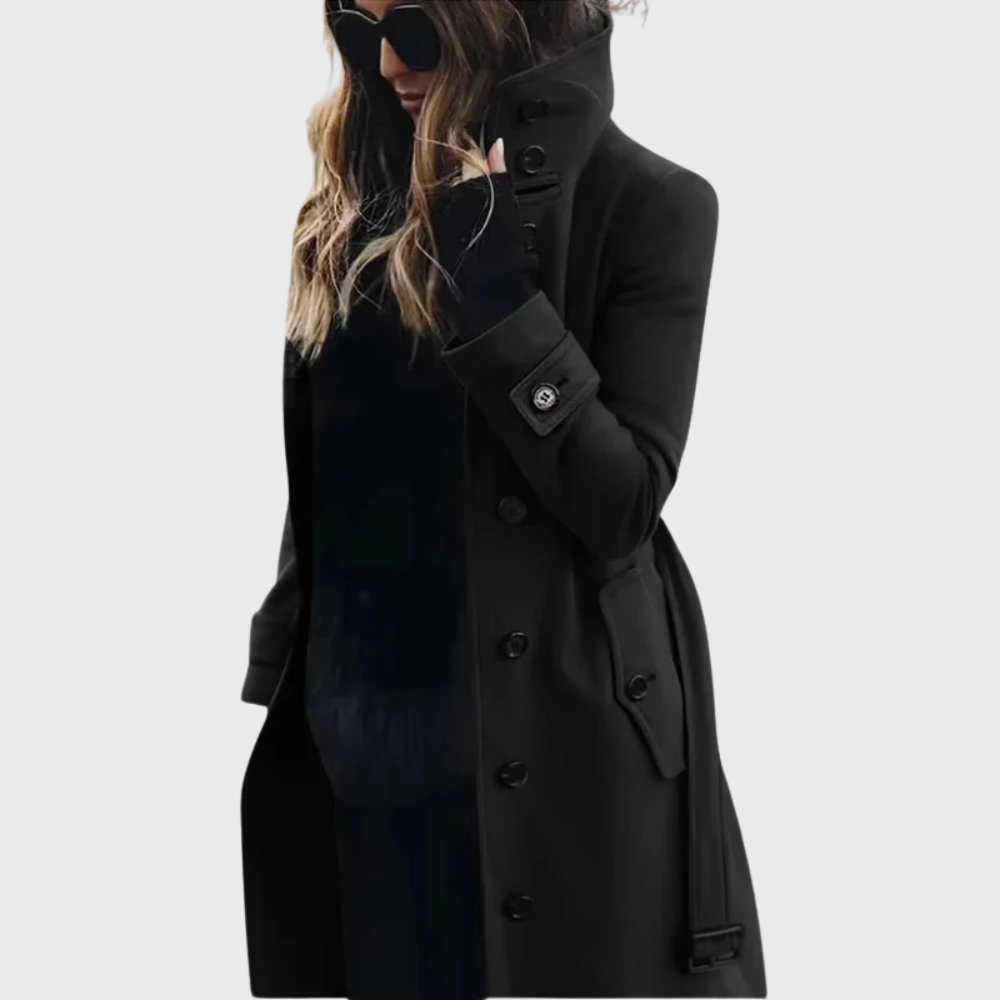 Umami | Women's High Stand Collar Coat - Button-Front Long Overcoat