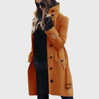 Umami | Women's High Stand Collar Coat - Button-Front Long Overcoat