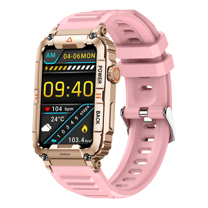 Pink smartwatch with rectangular screen and silicone sport strap