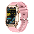 Pink smartwatch with rectangular screen and silicone sport strap