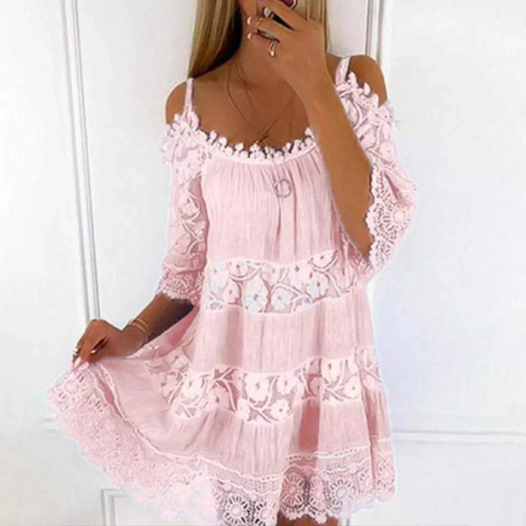 Meliora | Cold Shoulder Mini Dress for Women - Lace Floral Embroidery Regular Summer Fit-Mini Dress-Pink-S-Camoufit