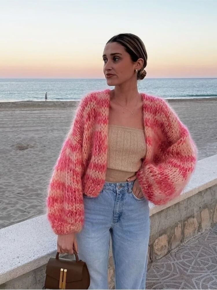 Zélisse | Women's Cropped Cardigan with Colour Block Design Flattering Fit Soft Cosy Knit Jumper-Womens' Cardigan-Pink-S-