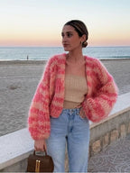 Zélisse | Women's Cropped Cardigan with Colour Block Design Flattering Fit Soft Cosy Knit Jumper-Womens' Cardigan-Pink-S-