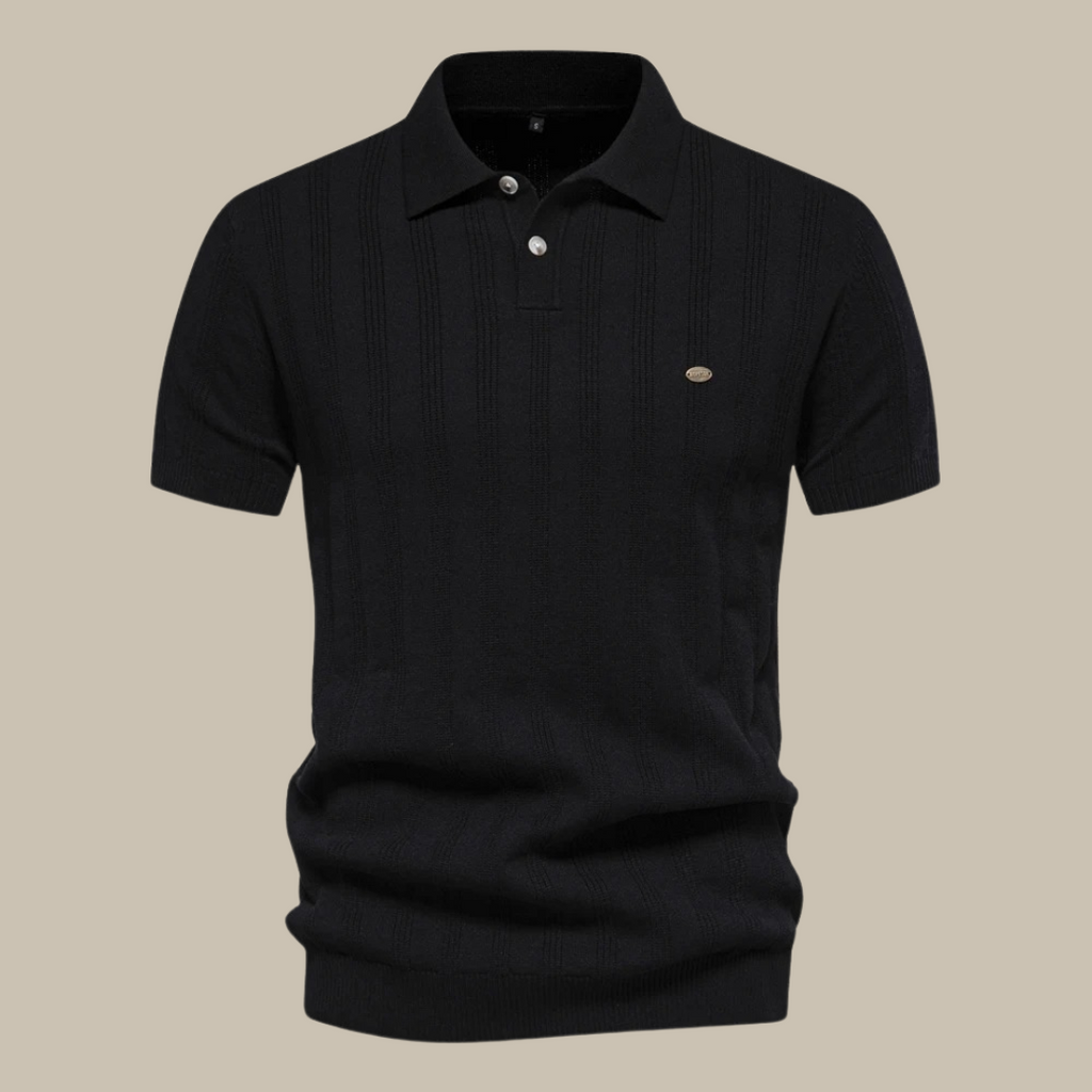 Corenzo | Knit Polo Shirt for Men - Short Sleeve Textured Ribbed Cuff Regular Everyday Fit-Polo Shirt-Black-S-Camoufit