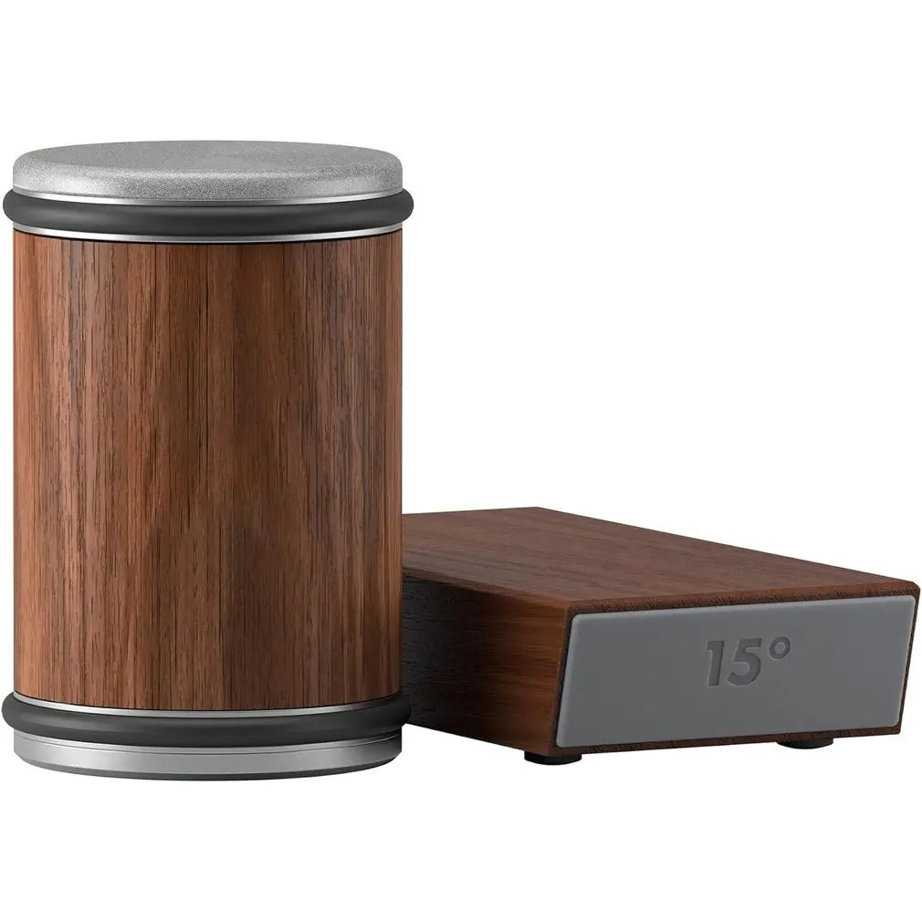 Rolling knife sharpener with dark wood cylinder, gray base and 15° angle guide