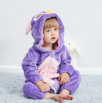 Purple rabbit animal onesie with hood, full-zip front and long ears
