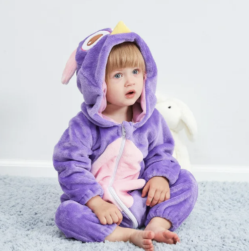 Purple rabbit animal onesie with hood, full-zip front and long ears