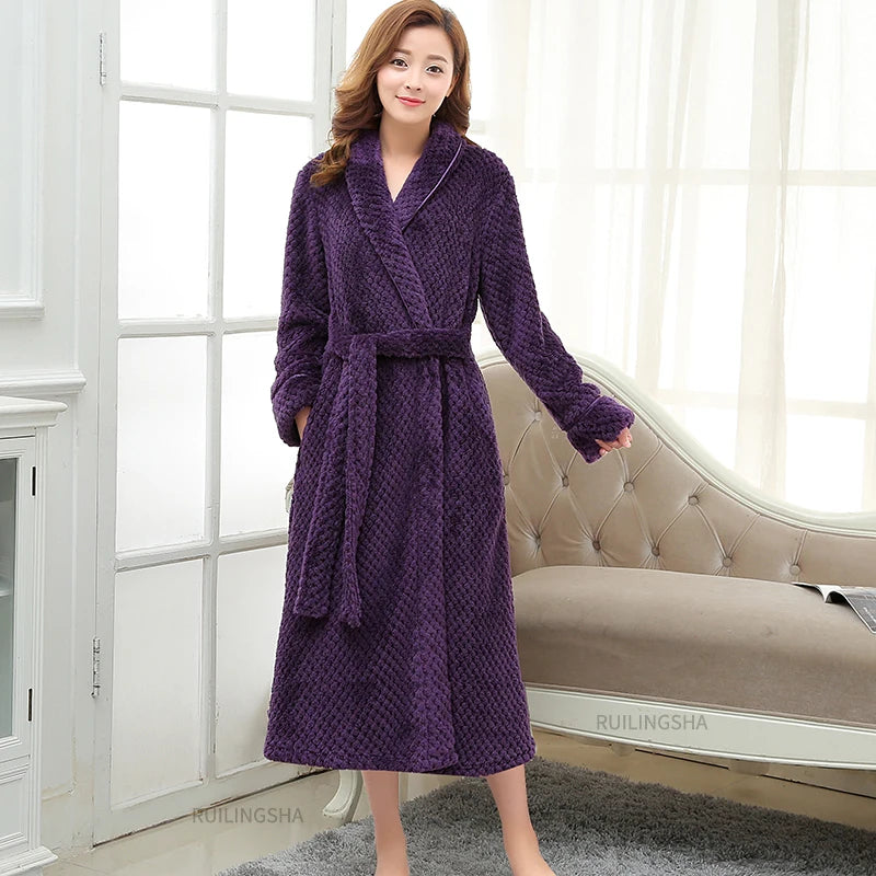 Women’s long plush robe in deep purple textured fleece, tie belt and shawl collar