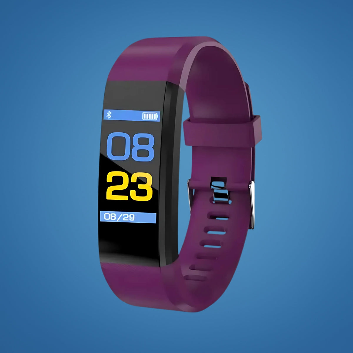 Purple safety smartwatch with time display and status bar on screen