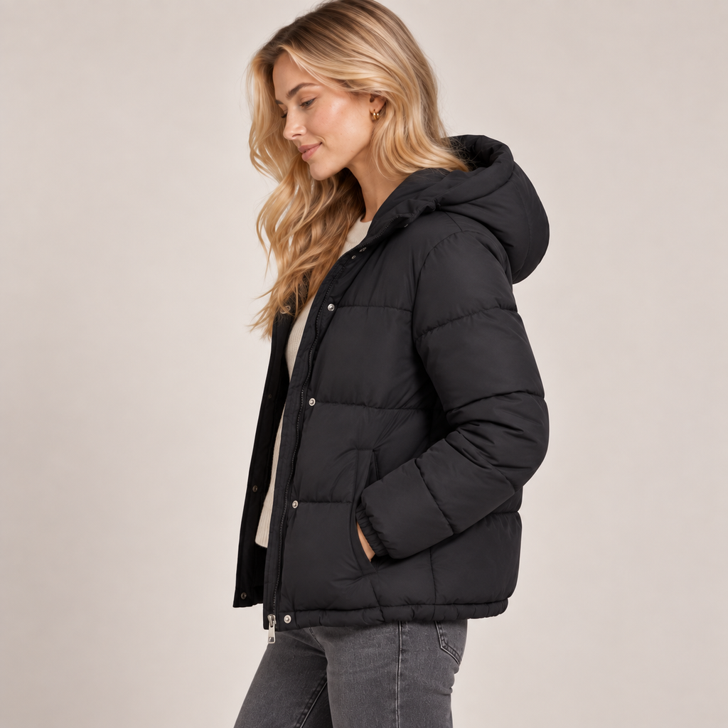 Women's black quilted puffer jacket with hood, zip-front and side pockets