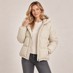 Women's cream quilted puffer jacket with hood, zip-front and side pockets