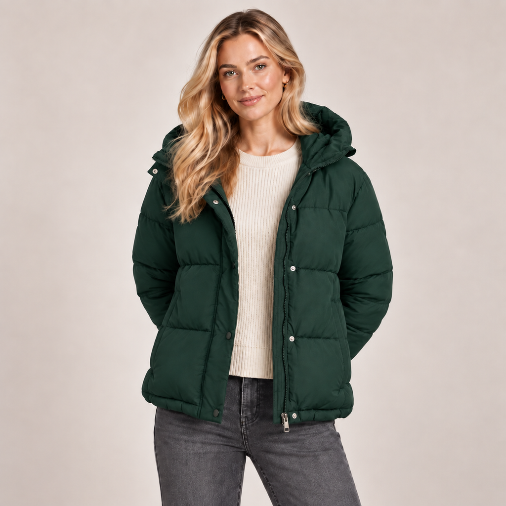 Women's dark green quilted puffer jacket with hood, zip-front and side pockets