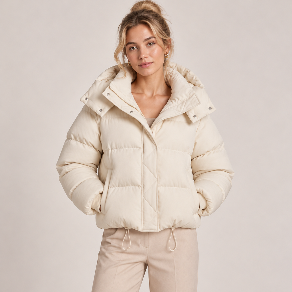 Women's beige quilted puffer jacket with oversized hood, snap buttons and long sleeves