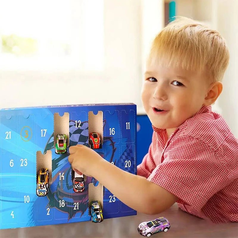 Race car advent calendar with blue numbered door board and mini racing cars