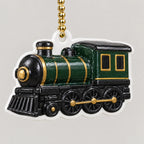 Green steam train acrylic ornament with gold bead chain, hanging keychain style