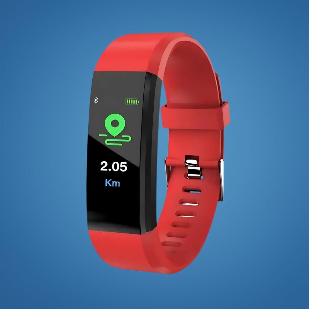 Red safety smartwatch with activity icon and distance value on screen