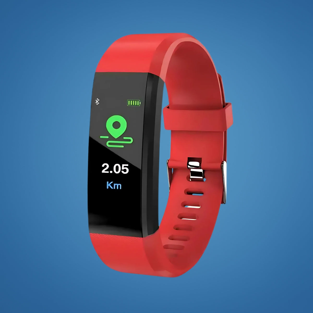 Red safety smartwatch with activity icon and distance value on screen