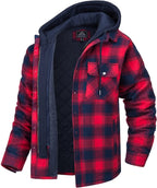 Plaid hooded jacket with warm lining, red-and-black plaid with navy hood.