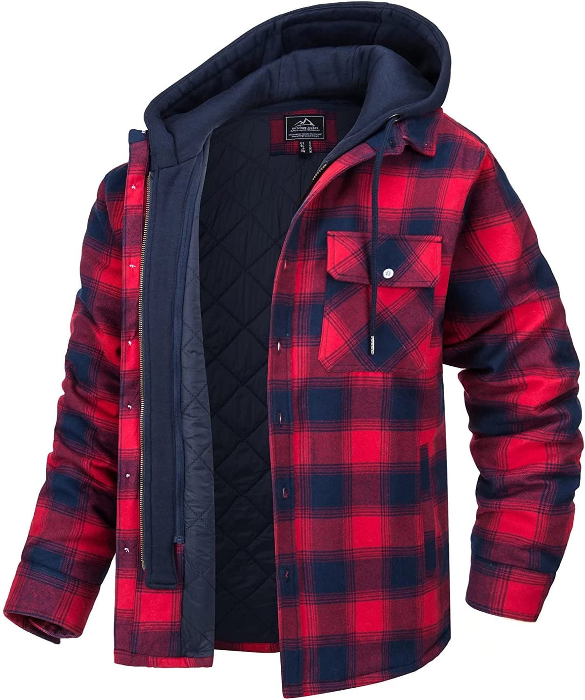 Plaid hooded jacket with warm lining, red-and-black plaid with navy hood.