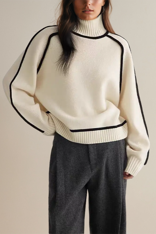 Velina | Women's Relaxed Knit Turtleneck Skivvy Jumper Ribbed Contrast Piping Cosy Pullover-Women's Sweater-Brown-XS-