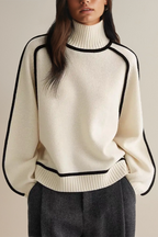 Velina | Women's Relaxed Knit Turtleneck Skivvy Jumper Ribbed Contrast Piping Cosy Pullover-Women's Sweater-White-XS-