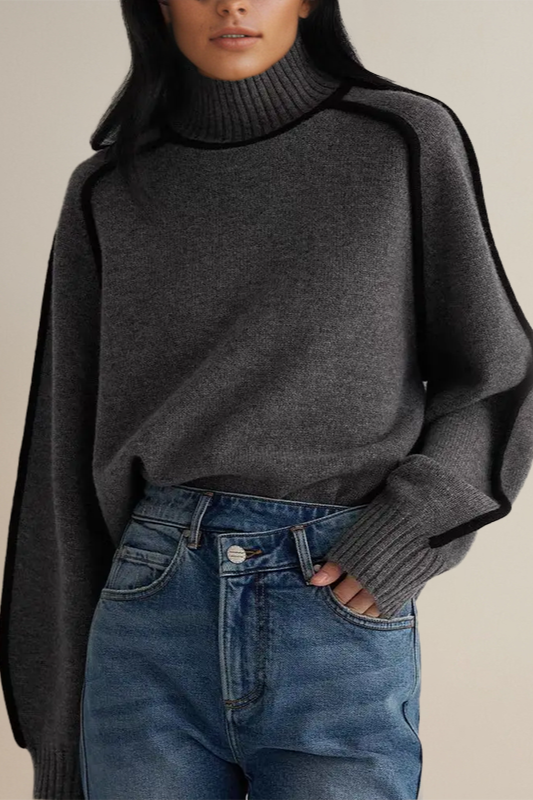 Velina | Women's Relaxed Knit Turtleneck Skivvy Jumper Ribbed Contrast Piping Cosy Pullover-Women's Sweater-Grey-XS-
