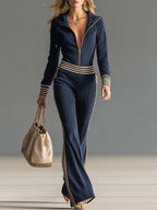 Aloura | Hooded Jumpsuit for Women - V Neck Zipper Knitted Dark Blue Retro Slim Sport Fit-Jumpsuit-Dark Blue-XS-Camoufit
