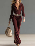 Aloura | Hooded Jumpsuit for Women - V Neck Zipper Knitted Dark Blue Retro Slim Sport Fit-Jumpsuit-Burgundy-XS-Camoufit