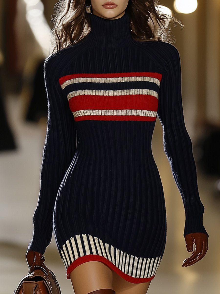 Solévia | Striped Knit Sweater Dress for Women – High Collar Slim Fit-Mini Dress-Dark Blue-S-Camoufit