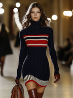 Solévia | Striped Knit Sweater Dress for Women – High Collar Slim Fit-Mini Dress-Dark Blue-S-Camoufit