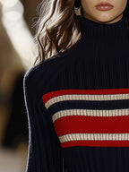 Solévia | Striped Knit Sweater Dress for Women – High Collar Slim Fit-Mini Dress-Dark Blue-S-Camoufit