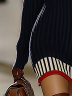 Solévia | Striped Knit Sweater Dress for Women – High Collar Slim Fit-Mini Dress-Dark Blue-S-Camoufit