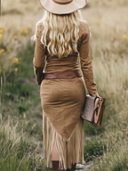 Rosélune | Western Tassel Midi Dress for Women – Suede Belted Slim Fit-Dresses-Light brown-XS-Camoufit