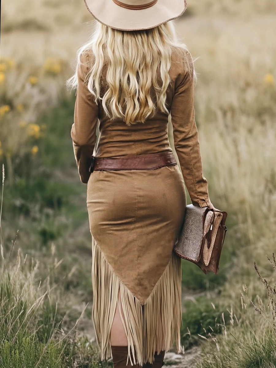 Rosélune | Western Tassel Midi Dress for Women – Suede Belted Slim Fit-Dresses-Light brown-XS-Camoufit