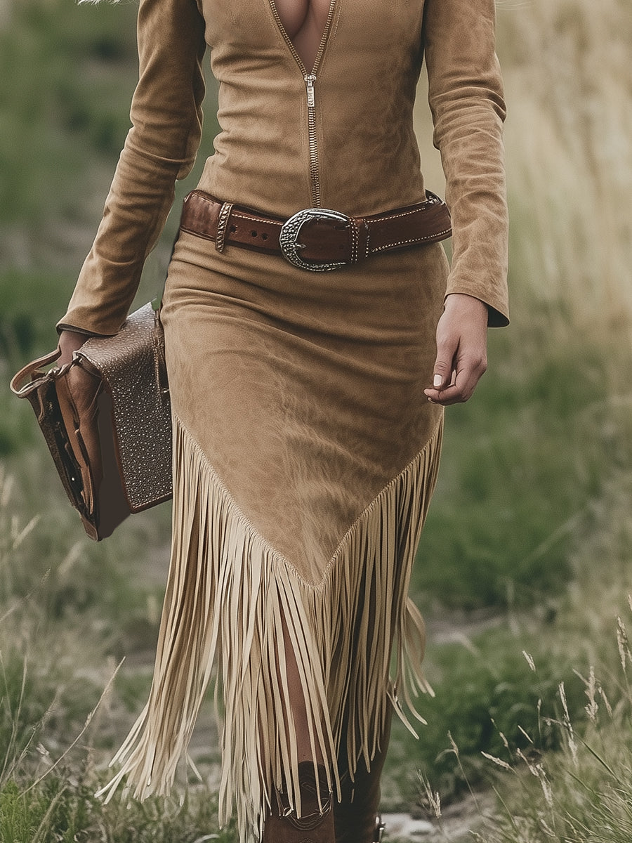 Rosélune | Western Tassel Midi Dress for Women – Suede Belted Slim Fit-Dresses-Light brown-XS-Camoufit