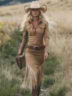 Rosélune | Western Tassel Midi Dress for Women – Suede Belted Slim Fit-Dresses-Light brown-XS-Camoufit