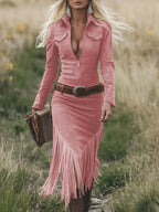 Rosélune | Western Tassel Midi Dress for Women – Suede Belted Slim Fit-Dresses-Pink-XS-Camoufit