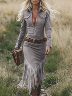 Rosélune | Western Tassel Midi Dress for Women – Suede Belted Slim Fit-Dresses-Gray-XS-Camoufit